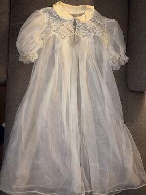 Vintage Seamprufe Sheer Nylon Peignoir Robe with Lace Yoke and Puff Sleeves